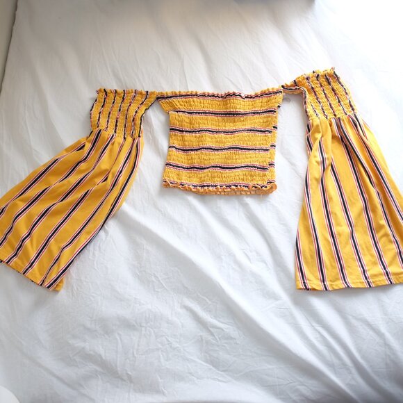 COPY - Revamped yellow bell sleeves crop top off shoulder stripes size M - Picture 2 of 3